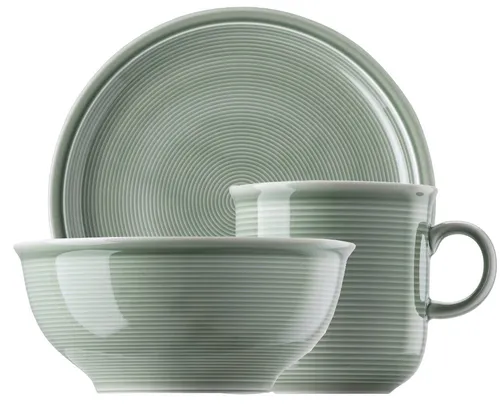 Thomas Porzellan Frühstücks-Set Trend Colour Moss Green 3tlg - Elegantes 3-teiliges Geschirrset aus hochwertigem Porzellan mit einzigartigem Design: 1 Frühstücksteller, 1 Müslischale und 1 Becher. Ideal für stilvolle Frühstücksmomente.