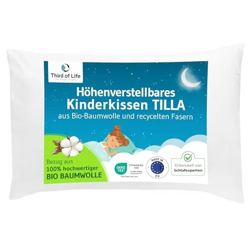 Höhenverstellbares Kinderkissen TILLA 40x60 – Nachhaltig & Oekotex-zertifiziert - Kinderkopfkissen für erholsamen Schlaf ab 3 Jahren, aus 100% Bio-Baumwolle, individuell anpassbar und hypoallergen – ideal für gesunde Schlafpositionen und Allergiker.