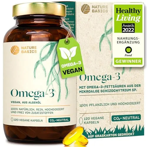 Nature Basics ® Omega 3 Algenöl Vegan Kapseln - 142 g - Mikroalgen Nahrungsergänzung, reich an Omega-3-Fettsäuren, ideal für vegane und glutenfreie Ernährung, ohne Zusatzstoffe.