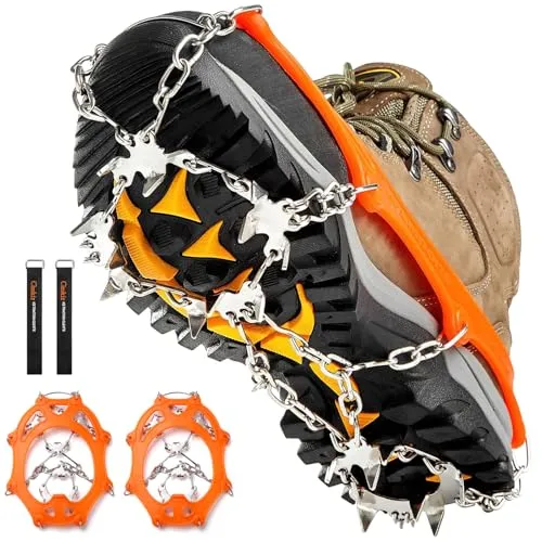Grödel Steigeisen für Bergschuhe mit 19 Zähne Verdickte Schuhkrallen aus Edelstahl Anti-Rutsch Schuhspikes für Mann Frau Erwachsene Fit für Wandern Trail Running Trekking (Orange,L)