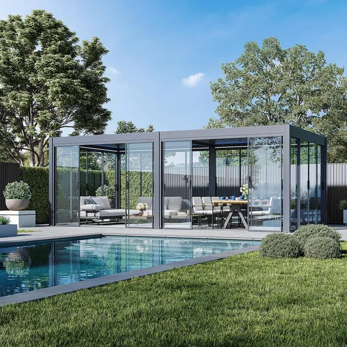 Glasschiebetür für Pergola | Slim Frame Aluminium | Anthrazit - Moderne Glasschiebetür für Pergola mit slimline Schiebesystem aus Aluminium. Bietet Schutz vor Wind und Regen und ermöglicht flexible Nutzung. Einfache Montage und passgenaue Anpassung an Ihre Pergola.