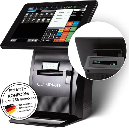Olympia Touch T210 Registrierkasse - Moderne Registrierkasse mit 25,4 cm Touchscreen und Android 11, ideal für Einzelhandel und Gastronomie. Programmierung direkt an der Kasse möglich, unterstützt bis zu 100.000 Artikel.
