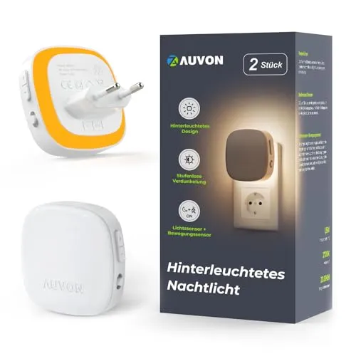 AUVON Nachtlicht Steckdose mit Bewegungssensor und Dämmerungssensor, 2 Stück - Nachtlichter mit 16 LEDs, dimmbar von 1-50 lm, automatisch aktivierbar bei Dunkelheit, perfekt für lichtempfindliche Menschen und zur Energieeinsparung.