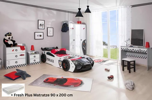 Kinderzimmer Set mit Police Autobett 5-teilig Weiß - Jugendzimmer-Sets für kleine Polizeifans: Hochwertiges 5-teiliges Set mit Dreitürigem Kleiderschrank, Wäschekommode und Nachtkommode in Weiß – ideal für ein aufregendes Kinderzimmer!