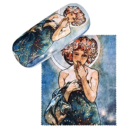 VON LILIENFELD Brillenetui Alfons Maria Mucha: Der Mond Kunst Motiv Etui Brille Mikrofaser Brillenputztuch Brillenbox Stabiles Hardcase Set mit Stoff bezogen