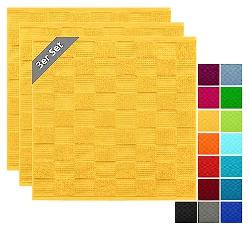 Lashuma 3 Stück Frotteetücher Küche 50x50 cm - Gelb - Küchentuch Set aus 100% Baumwolle, kombiniert Frottee und Waffelpique für hohe Saugstärke und Weichheit. Ideal für Abtrocknen, Wischen und Polieren!