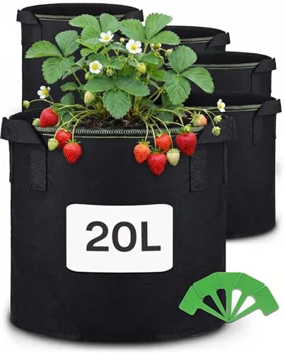 Praknu Pflanzsack 20l - 5 STK aus Vliesstoff mit Pflanzenschilder zum Beschriften Mit Griff - Für Kräuter, Blumen und Erdbeeren