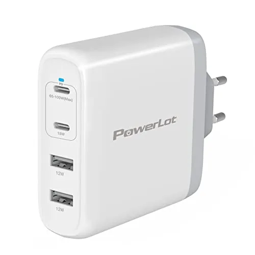 PowerLot 100W USB C Ladegerät GaN Pro - Handy-Ladegeräte: 100W Schnellladung für MacBook & iPhone, 4-Port Design für gleichzeitiges Laden mehrerer Geräte, sicher und kompakt.