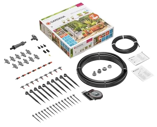 Gardena Start Set Pflanztöpfe M automatic: Micro-Drip-System Starterset mit Bewässerungscomputer - Tröpfchenbewässerungsbausätze, automatische und wassersparende Bewässerung für 7 Töpfe und 3 Tröge, einfach zu installieren und schnell einsatzbereit.