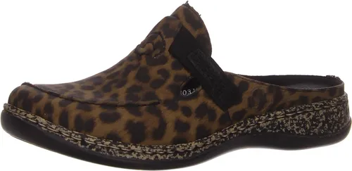RIEKER Clog Damen 41, schwarz (leo, schwarz) - Stylischer RIEKER Clog aus Lederimitat mit animal-print, ideal als Hausschuh oder Casual-Clog, bietet eine bequeme, gepolsterte Innensohle für optimalen Tragekomfort.
