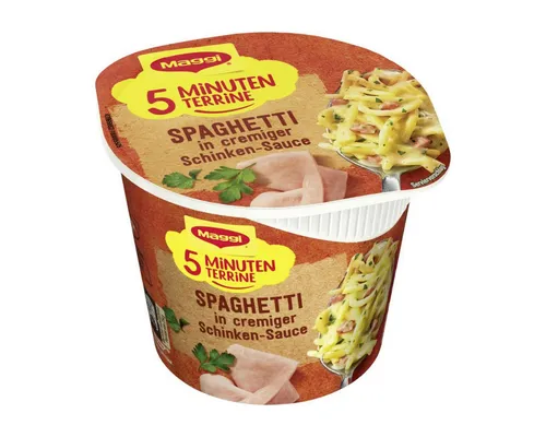 Maggi 5 Minuten Terrine Spaghetti in Schinkensauce - Schnelle Maggi Instantsuppe für eine Portion. Genießen Sie den herzhaften Geschmack von Spaghetti in Schinkensauce in nur 5 Minuten. Ideal für eine unkomplizierte Mahlzeit!