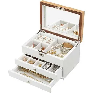 Elegantes Schmuckkästchen aus Holz und Glas, Weiß & Nussbaum - Praktisches Schmuckkästchen in Weiß und Nussbaum, aus hochwertigem Paulownia-Holz. Mit herausnehmbaren Schubladen für einfache Organisation und stilvolle Aufbewahrung.