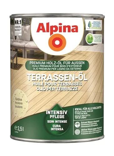 Alpina Terrassen-Öl Farblos 2,5 Liter - Hochwertiges Terrassen-Öl zur Pflege von Holzoberflächen, sorgt für langanhaltenden Schutz und betont die natürliche Holzstruktur. Ideal für den Einsatz im Außenbereich.