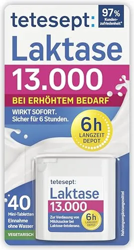 tetesept Laktase 13.000 – 40 Laktasetabletten für unbeschwerten Genuss - Die Laktasetabletten unterstützen die Verdauung von Laktose über 6 Stunden. Ideal für unterwegs oder zu Hause, damit Sie Milchprodukte ohne Sorgen genießen können. Gluten- und laktosefrei, individuell dosierbar.