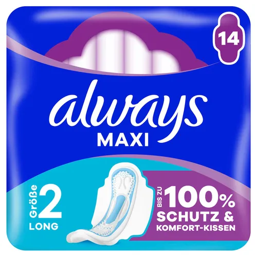 ALWAYS Maxi Binde Long mit Flügeln 14 - ALWAYS Maxi Long Binden (Größe 2) mit Flügeln bieten optimalen Schutz und hohen Komfort für deinen Alltag. Ihre Auslaufschutzbarriere sorgt für ein sicheres Gefühl, besonders an langen Tagen.