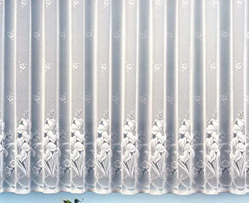 Edler Jacquard Gardine mit Blumenmuster - 175x450 cm - Schiebevorhänge in reinweiß mit elegantem Allover-Blumenmuster, einfach anzubringen dank Universalschienenband. Pflegeleicht und umweltfreundlich nach Öko-Tex Standard 100 zertifiziert.