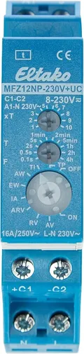Eltako MFZ12NP230V+8.230VUC Multifunktions-Zeitrelais - Akku-Leuchte mit 16A/250V AC Schließer, energiesparend mit nur 0,5 Watt Stand-by-Verlust und vielseitigen Zeitfunktionen bis 40 Stunden einstellbar.
