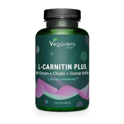 Vegavero L-Carnitin Plus 120 Kapseln | Vegan mit Grüner Kaffee + Cholin - Sportnahrung mit 1.000 mg hochwertigem Carnipure® pro Tag, unterstützt den Energiestoffwechsel und enthält essentielle B-Vitamine sowie Grünen Kaffee-Extrakt.