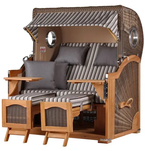 Strandkorb Ammersee Grande XL - Teak Bullauge - PE grau - Modell 545 - Erleben Sie den Komfort des Strandkorbs Ammersee Grande XL: Flexibel verstellbarer Oberkorb, robustes Teakholz und pflegeleichtes Rattangeflecht. Ideal für entspannte Stunden im Garten oder auf der Terrasse.