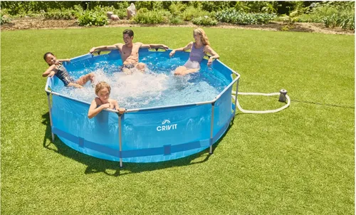 CRIVIT Metal-Frame-Pool, Ø 300 x H 76 cm - Swimmingpool mit inkl. Filterpumpe (1.200 l/h), robustem Tri-Tech PVC-Material und stabilen Stahlrahmen für langlebigen Badespaß im eigenen Garten.