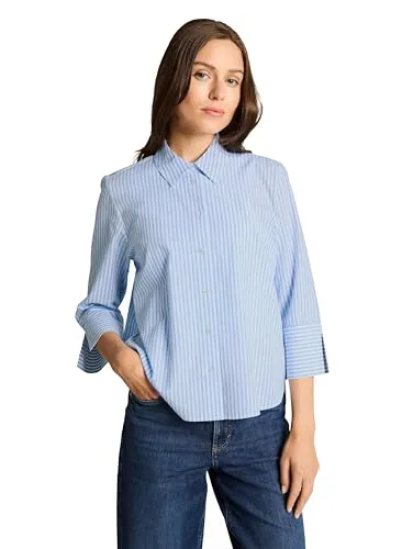 TOM TAILOR Poplin-Bluse mit Streifen - Modische Hemdbluse aus leichtem Lyocell und Baumwolle, ideal für den Alltag. Mit 3/4-Arm und V-Ausschnitt bietet sie hohen Tragekomfort und pflegeleichte Handhabung.
