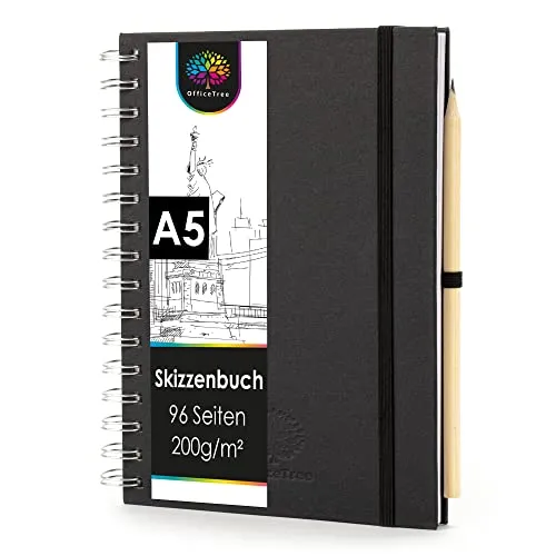 OfficeTree Skizzenbuch A5 Spiralbindung - Hochformat - 96 Seiten 48 Blätter - Sketchbook A5 200g - Weißes Blanko Papier - Skizzenbuch Aquarell - Skizzenheft inklusive Bleistift