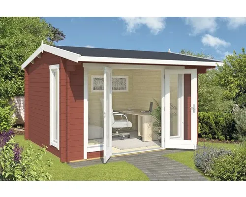 Gartenhaus Blockhaus Satteldach 44 mm Jubilee 44 rot 370x320 cm - Robustes Gartenhaus aus 44 mm Blockbohlen mit abschließbarer Doppeltür, ideal für Gartenlagerung oder Freizeit, inklusive Holzfußboden und Isolierverglasung.