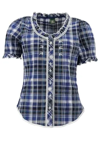 OS Trachten Damen Bluse Kurzarm mit Rundhalsausschnitt - Elegante Trachtenbluse in Kornblau, tailliert mit Hirsch-Stickereien und Kräuselärmeln – perfekt für festliche Anlässe und einen stilvollen Auftritt.