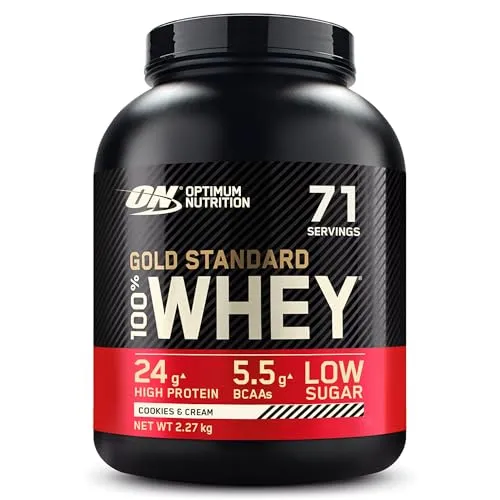 Optimum Nutrition Gold Standard 100% Whey Proteinpulver, Cookies & Cream - Molkenproteine für Muskelaufbau und -regeneration, schnell aufgenommen, mit BCAAs und Glutamin, ideal für Fitness-Enthusiasten