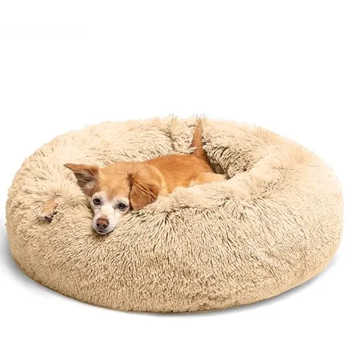 LUOJINYI Hundebett Flauschig, Hundekissen Rund Haustierbett Donut Katzenbett Waschbar mit rutschfestem Boden für große, mittelgroße & kleine Hunde, 50 cm, Kamel