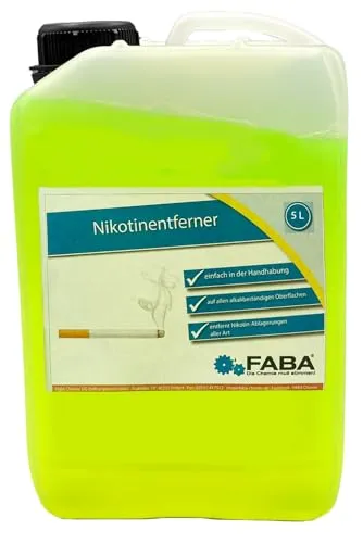 FABA Nikotinentferner 5 L - Effektiver Nikotin Entferner - Spezialputzmittel, entfernt hartnäckige Nikotin-Ablagerungen mühelos von alkalibeständigen Oberflächen, ideal für Haushalt und Gastronomie.