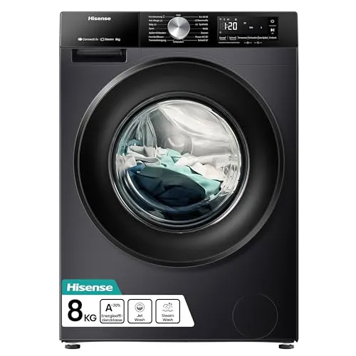 Hisense WF3S8043BB3 Waschmaschine mit Dampffunktion - Waschmaschine mit 8 kg, Power JetWash für gründliche Reinigung und Auto Wash für müheloses Waschen. Ideal für umweltbewusste Nutzer dank EEK A-30%.