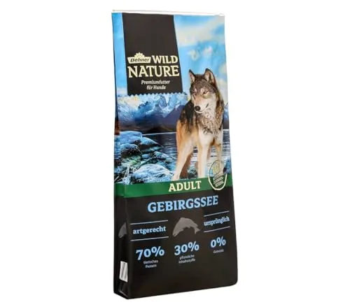 Dehner Wild Nature Hundefutter Gebirgssee 12 kg, getreidefrei & zuckerfrei - Artgerechtes Trockenfutter für ausgewachsene Hunde mit hohem Proteingehalt aus Lachs und Huhn. Ideal für Allergiker und ernährungssensible Hunde, ohne Getreide und Zusatzstoffe.