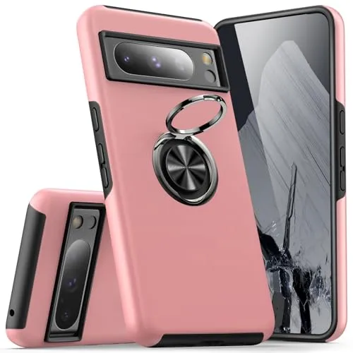 KRAFTCARE Hülle für Google Pixel 8 Pro, Handyhülle mit Eingebetteter 360° Grad Ring, Magnetische Schutzhülle TPU Stoßfest Cover Case für Google Pixel 8 Pro,Rosa
