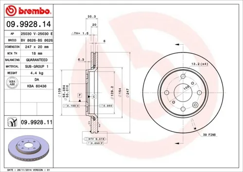 Brembo Bremsscheibe PRIME LINE - UV Coated 09.9928.11 - Bremsscheiben für optimale Bremsleistung, UV-beschichtet für verbesserte Korrosionsbeständigkeit und Langlebigkeit.