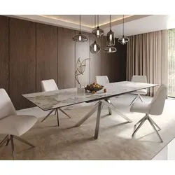DELIFE Esstisch Edge 200-300x100 Keramik Minas Melange - Eleganter Esstisch mit pflegeleichter Keramikplatte in Marmor-Optik, ausziehbar für flexible Gästeanzahl, robustes Edelstahl-Kreuzgestell, ideal für stilvolle Essbereiche.