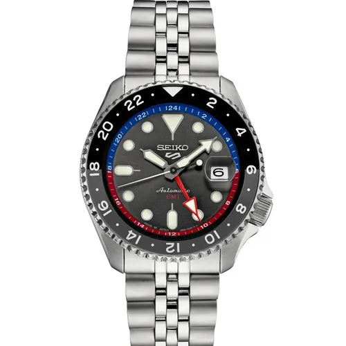 Seiko 5 Sports SSK005K1 GMT Automatik Herrenuhr - Elegante Herrenuhr mit GMT-Funktion für die Anzeige einer zweiten Zeitzone. Wasserdicht bis 100 Meter, ideal für Wassersport. Hochwertiges Design mit optimaler Ablesbarkeit.