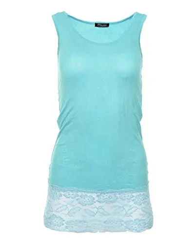Easy Young Fashion - Damen Trägertop mit Spitzensaum - langes Unterziehshirt Skinny Fit 0518 (Aqua S/M)