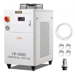 VEVOR Industrieller Wasserkühler CW-6000 - Mini-Kühlschränke mit 15L Wassertank und einer maximalen Durchflussrate von 65L/min, ideal für effiziente Kühlung von Lasern und Maschinen.