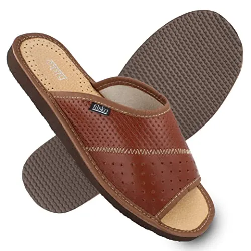 filsko® Veere Herren Leder Pantoletten - Braun - 49 - Hochwertige Slip-On Pantoletten aus echtem Rindsleder mit attraktivem Lochmuster. Die rutschhemmende EVA-Sohle bietet optimalen Tragekomfort und passt sich Ihrem Fuß an. Ideal für entspannte Tage zu Hause.