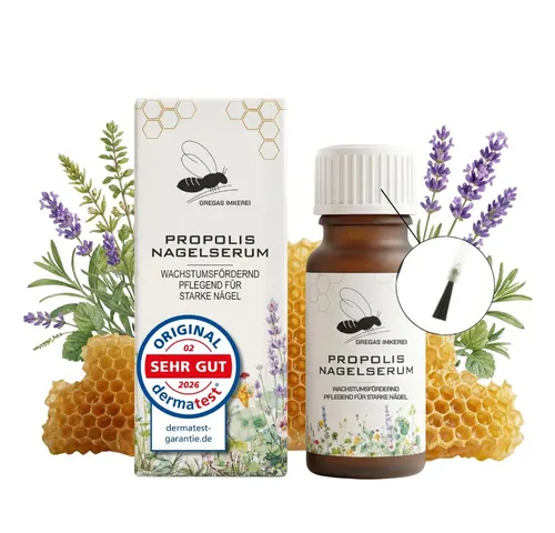 Grega's Imkerei Propolis Nagelserum 10 ml – Hochwertige Pflege für Nägel - 1-tlg. Nagelserum mit integrierter Pinsel-Applikator. Die flüssige Textur zieht schnell ein und schützt Nägel und Nagelbett. Ideal zur Pflege nach der Maniküre.