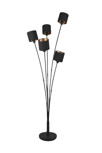 Reality Leuchten Stehleuchte Tommy R46335979 - Elegante 5-flammige Stehleuchte aus Metall in Schwarz matt, mit stilvollen Stoffschirmen in Schwarz und Gold. Ideal für stimmungsvolle Beleuchtung in Wohnräumen.