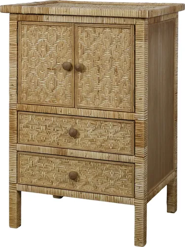 Chic Antique Geflochtener Schrank mit 2 Türen und 2 Schubladen - Kompakter Aufbewahrungsschrank im skandinavischen Stil mit natürlichem Rattan-Design. Ideal für stilvolle Ordnung und praktische Aufbewahrung in jedem Raum.