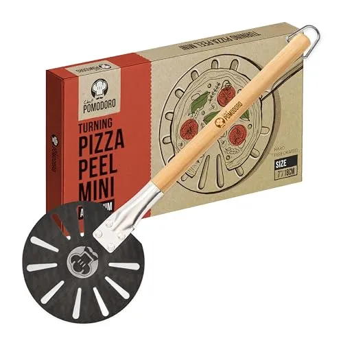 Chef Pomodoro Mini Pizza Drehschaufel – 18cm (7 Zoll) Aluminium Pizzaschaufel mit Holzgriff – Kompaktes Ofenzubehör für Zuhause