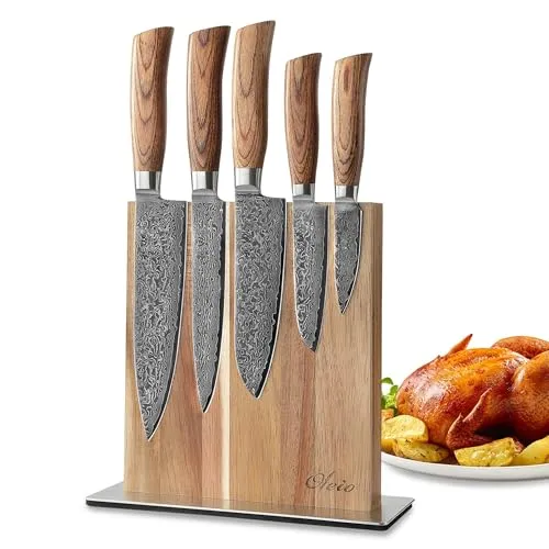 Wakoli Edib Pro 5er Damastmesser-Set mit Holzbox - Küchenmesser-Set aus 67-lagigem japanischem Damaststahl, extrem scharf und langlebig. Inklusive beidseitig bestückbarem Akazienholz-Messerblock für bis zu 8 Messer – ideal für jeden Koch!