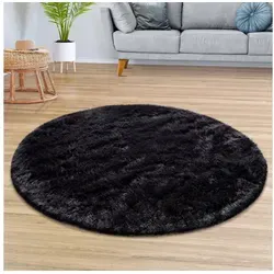 TT Home Teppich Diele, Esszimmer, Flur, Schlafzimmer, Wohnzimmer, Rund, Höhe: 37 mm, Teppich Wohnzimmer Hochflor Langflor Weich Soft Modernes Einfarbiges D schwarz Rund | 80 cm x 80 cm x 37 mm
