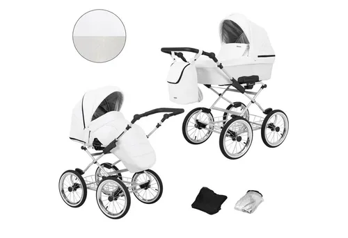 Kunert Romantic 2in1 Kinderwagen mit AIR Wheels in Weiß und Grau - Vielseitiger 2in1 Kinderwagen mit Tragewanne, Buggy und Autositz. Robuster Rahmen, große Wanne und sichere 5-Punkt-Gurte sorgen für komfortable Ausflüge mit Ihrem Baby.