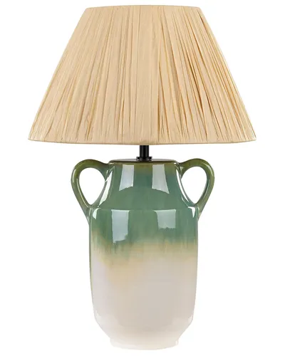 BELIANI Tischlampe Grün-Weiß 53 cm - Moderne Boho Tischlampe in Vasenform aus pflegeleichter Keramik mit kegelförmigem Papierschirm. Langes Kabel mit Schalter für flexiblen Einsatz und gemütliches Licht in Ihrem Wohnraum.