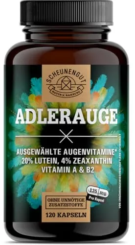 ADLERAUGE® Augenvitamine Hochdosiert - Laborgeprüfter Markenkomplex für Sehkraft - Antioxidant Lutein mit 20mg Lutein pro Kapsel, unterstützt die normale Sehkraft und bietet einen praktischen 4-Monats-Vorrat ohne unnötige Zusatzstoffe.