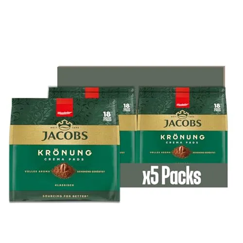 Jacobs Crema Pads für Senseo, 5 x 18 Kaffeepads - Genießen Sie samtigen Kaffeegenuss mit 90 aromatischen Pads. Ideal für Senseo Maschinen – perfekt für jeden Moment. Jacobs steht seit über 130 Jahren für höchste Qualität.
